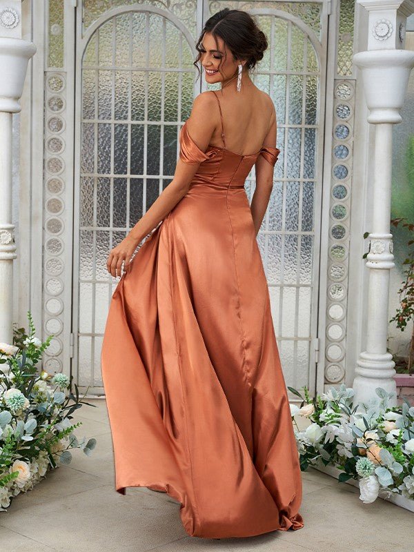 NumberSea - A - Line/Princess Silk like Satin Ruched Sweetheart Sleeveless Sweep/Brush Train Bridesmaid Dresses