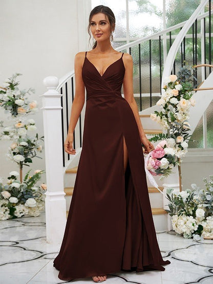 NumberSea - A - Line/Princess Silk like Satin Ruched V - neck Sleeveless Floor - Length Bridesmaid Dresses