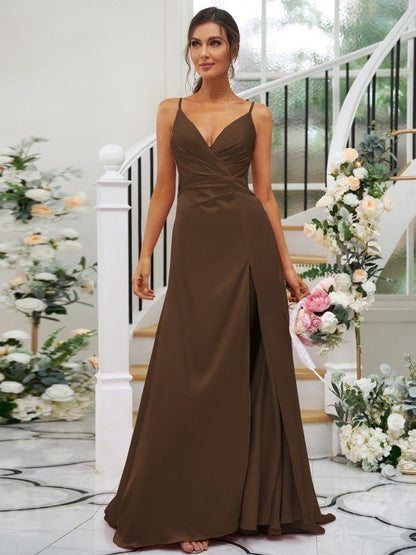 NumberSea - A - Line/Princess Silk like Satin Ruched V - neck Sleeveless Floor - Length Bridesmaid Dresses