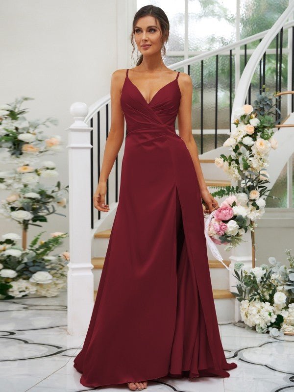 NumberSea - A - Line/Princess Silk like Satin Ruched V - neck Sleeveless Floor - Length Bridesmaid Dresses