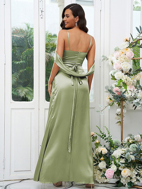 NumberSea - A - Line/Princess Silk like Satin Ruched V - neck Sleeveless Floor - Length Bridesmaid Dresses