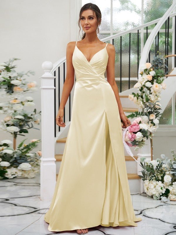 NumberSea - A - Line/Princess Silk like Satin Ruched V - neck Sleeveless Floor - Length Bridesmaid Dresses