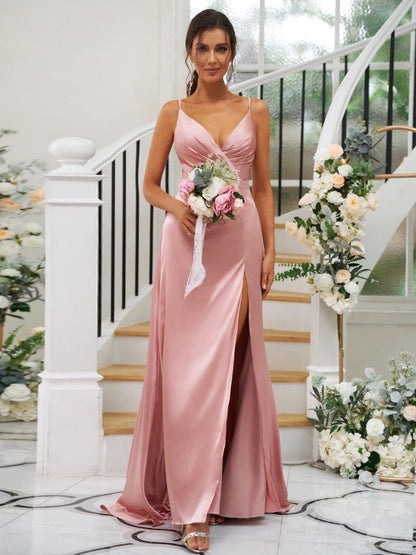 NumberSea - A - Line/Princess Silk like Satin Ruched V - neck Sleeveless Floor - Length Bridesmaid Dresses