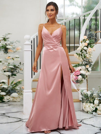 NumberSea - A - Line/Princess Silk like Satin Ruched V - neck Sleeveless Floor - Length Bridesmaid Dresses