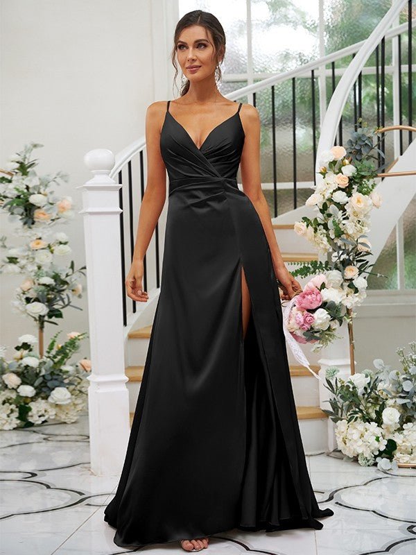 NumberSea - A - Line/Princess Silk like Satin Ruched V - neck Sleeveless Floor - Length Bridesmaid Dresses