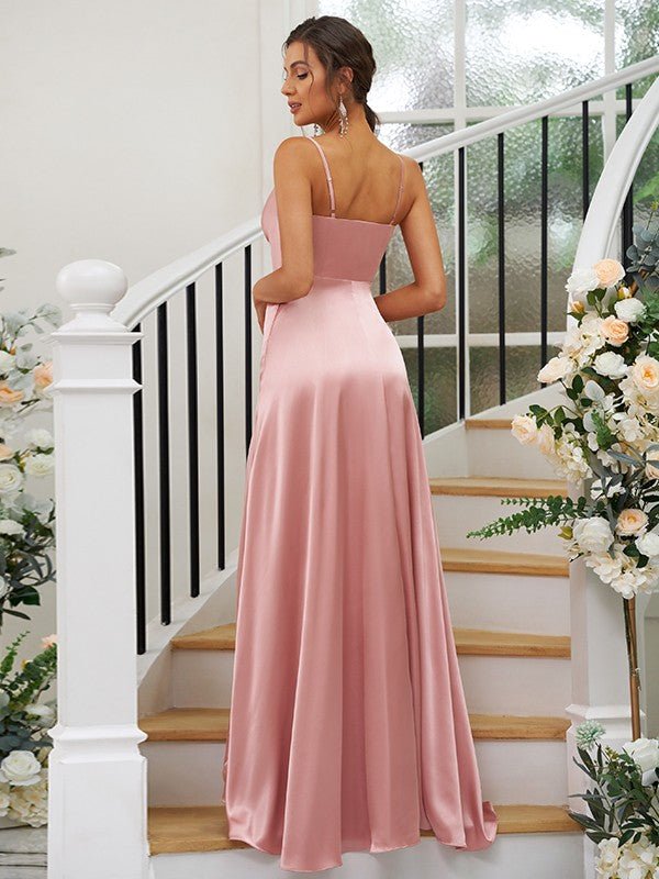 NumberSea - A - Line/Princess Silk like Satin Ruched V - neck Sleeveless Floor - Length Bridesmaid Dresses