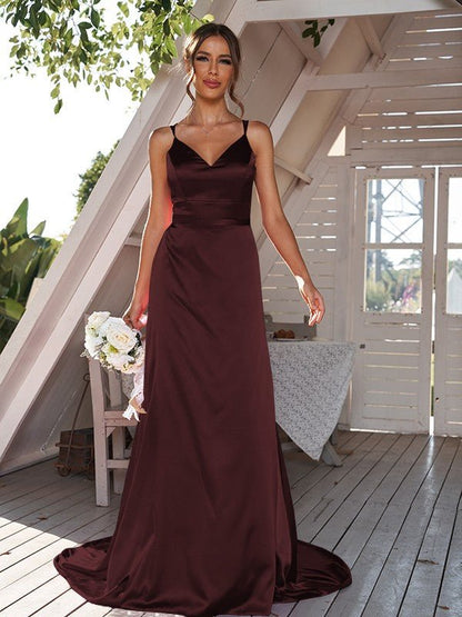 NumberSea - A - Line/Princess Silk like Satin Ruched V - neck Sleeveless Sweep/Brush Train Bridesmaid Dresses