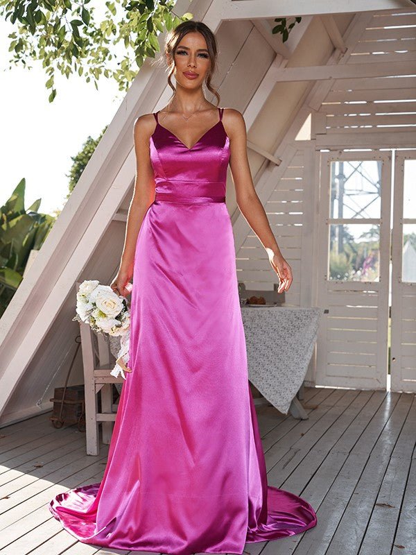 NumberSea - A - Line/Princess Silk like Satin Ruched V - neck Sleeveless Sweep/Brush Train Bridesmaid Dresses