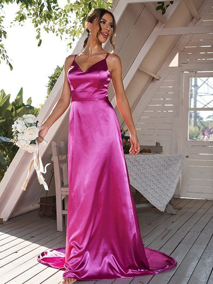 NumberSea - A - Line/Princess Silk like Satin Ruched V - neck Sleeveless Sweep/Brush Train Bridesmaid Dresses