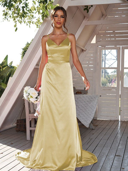 NumberSea - A - Line/Princess Silk like Satin Ruched V - neck Sleeveless Sweep/Brush Train Bridesmaid Dresses