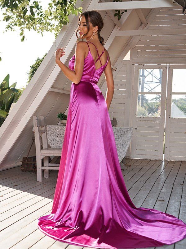 NumberSea - A - Line/Princess Silk like Satin Ruched V - neck Sleeveless Sweep/Brush Train Bridesmaid Dresses