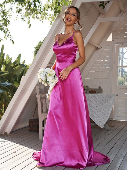 NumberSea - A - Line/Princess Silk like Satin Ruched V - neck Sleeveless Sweep/Brush Train Bridesmaid Dresses