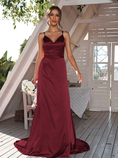 NumberSea - A - Line/Princess Silk like Satin Ruched V - neck Sleeveless Sweep/Brush Train Bridesmaid Dresses