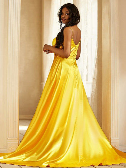 NumberSea - A - Line/Princess Silk like Satin Ruched V - neck Sleeveless Sweep/Brush Train Dresses