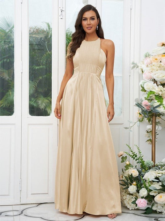 NumberSea - A - Line/Princess Silk like Satin Ruffles Halter Sleeveless Floor - Length Bridesmaid Dresses