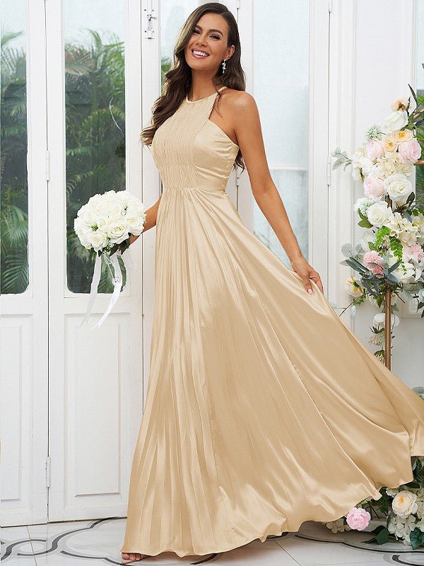 NumberSea - A - Line/Princess Silk like Satin Ruffles Halter Sleeveless Floor - Length Bridesmaid Dresses