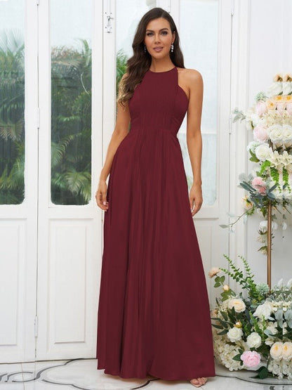 NumberSea - A - Line/Princess Silk like Satin Ruffles Halter Sleeveless Floor - Length Bridesmaid Dresses