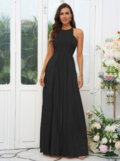 NumberSea - A - Line/Princess Silk like Satin Ruffles Halter Sleeveless Floor - Length Bridesmaid Dresses