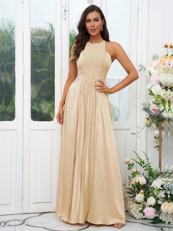 NumberSea - A - Line/Princess Silk like Satin Ruffles Halter Sleeveless Floor - Length Bridesmaid Dresses