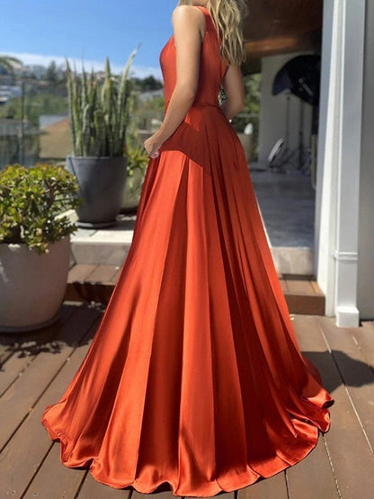 NumberSea - A - Line/Princess Silk Like Satin Ruffles One - Shoulder Sleeveless Sweep/Brush Train Dresses