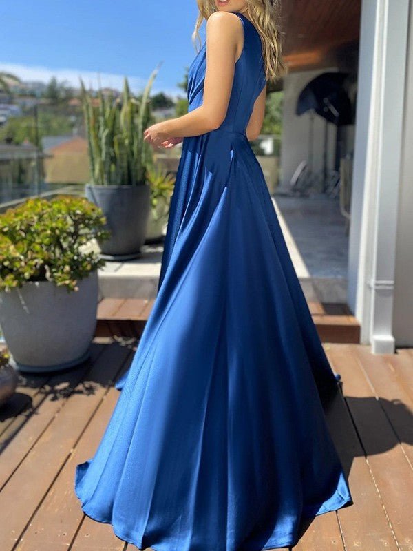 NumberSea - A - Line/Princess Silk Like Satin Ruffles One - Shoulder Sleeveless Sweep/Brush Train Dresses