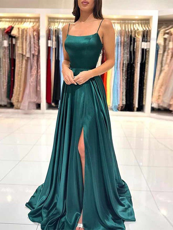 NumberSea - A - Line/Princess Silk like Satin Ruffles Spaghetti Straps Sleeveless Floor - Length Dresses