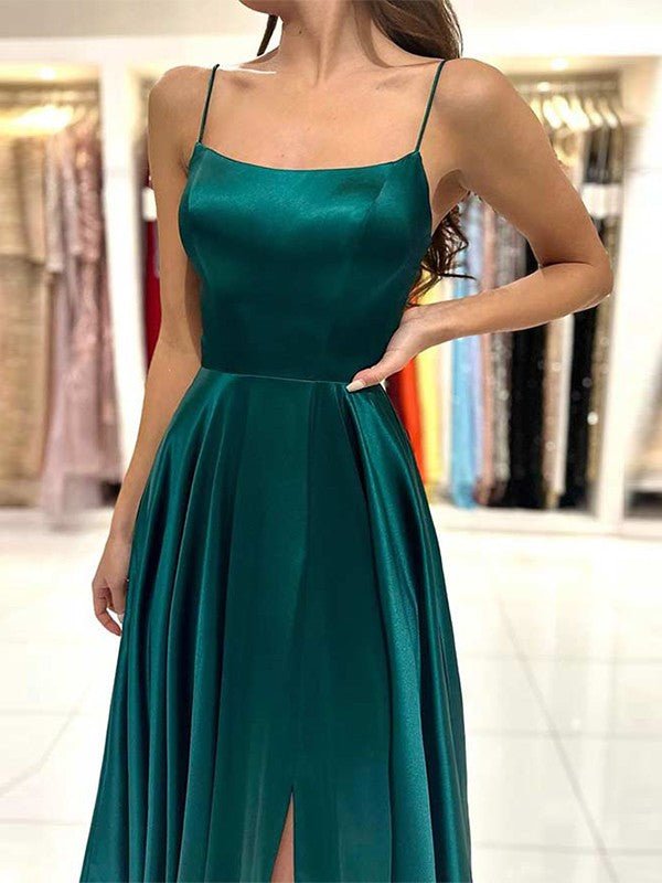 NumberSea - A - Line/Princess Silk like Satin Ruffles Spaghetti Straps Sleeveless Floor - Length Dresses