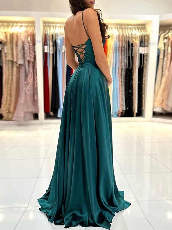 NumberSea - A - Line/Princess Silk like Satin Ruffles Spaghetti Straps Sleeveless Floor - Length Dresses