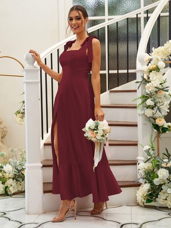 NumberSea - A - Line/Princess Silk like Satin Ruffles Straps Sleeveless Ankle - Length Bridesmaid Dresses