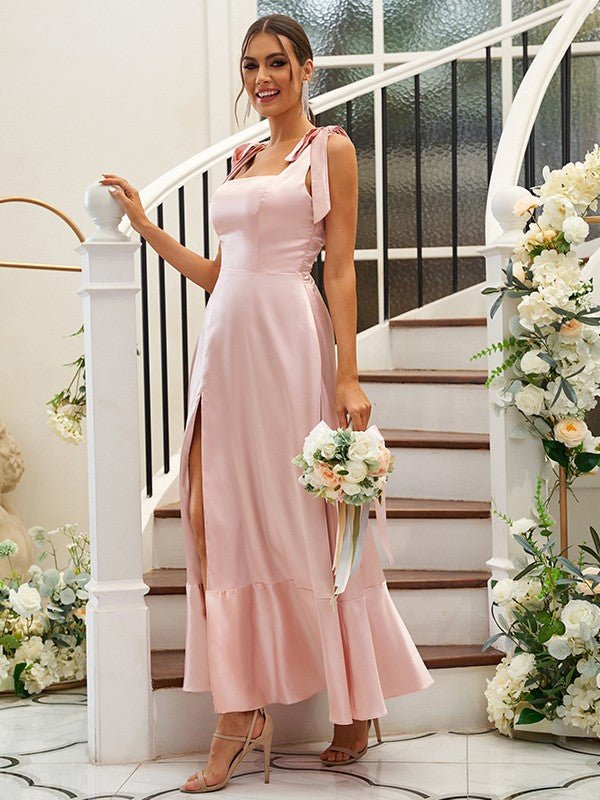 NumberSea - A - Line/Princess Silk like Satin Ruffles Straps Sleeveless Ankle - Length Bridesmaid Dresses