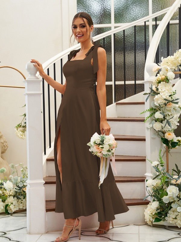 NumberSea - A - Line/Princess Silk like Satin Ruffles Straps Sleeveless Ankle - Length Bridesmaid Dresses