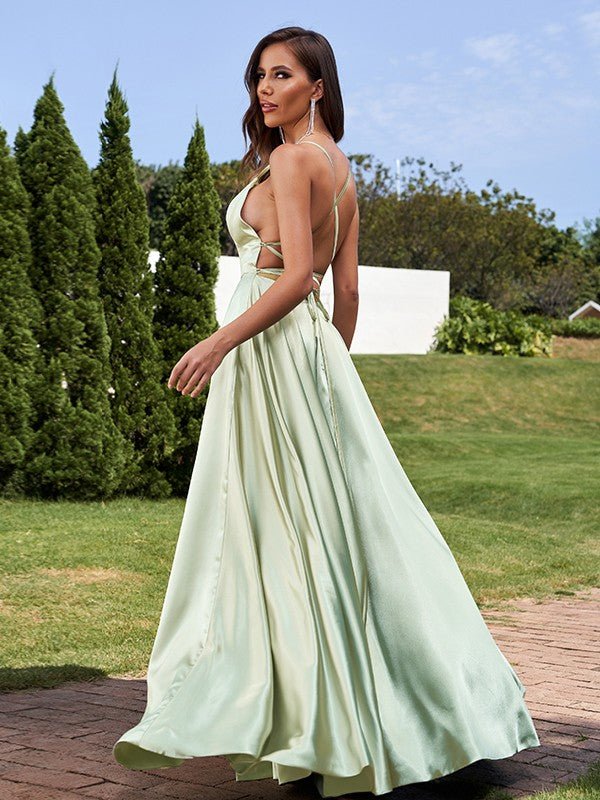 NumberSea - A - Line/Princess Silk Like Satin Ruffles Straps Sleeveless Floor - Length Bridesmaid Dresses