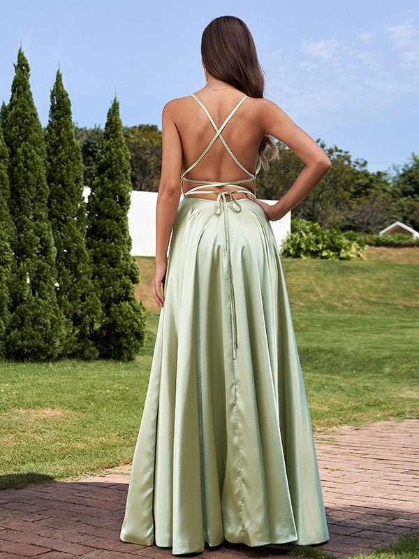 NumberSea - A - Line/Princess Silk Like Satin Ruffles Straps Sleeveless Floor - Length Bridesmaid Dresses