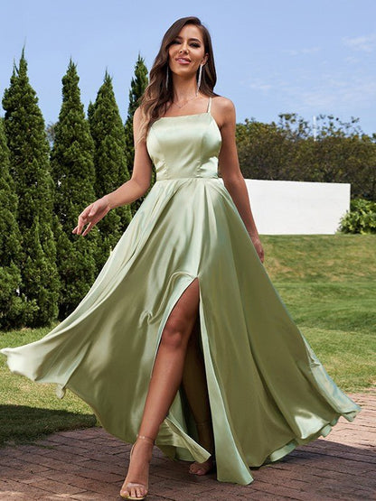 NumberSea - A - Line/Princess Silk Like Satin Ruffles Straps Sleeveless Floor - Length Bridesmaid Dresses