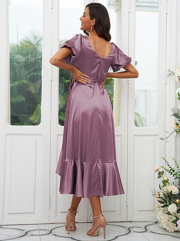 NumberSea - A - Line/Princess Silk like Satin Ruffles V - neck Short Sleeves Asymmetrical Bridesmaid Dresses