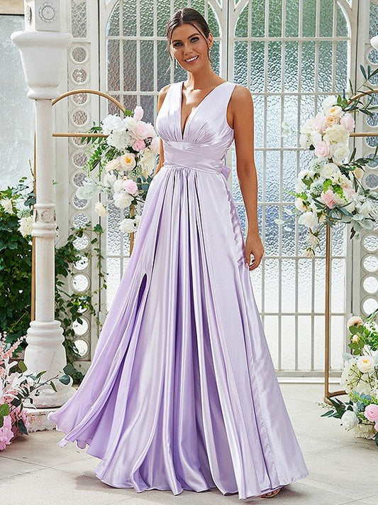 NumberSea - A - Line/Princess Silk like Satin Ruffles V - neck Sleeveless Floor - Length Bridesmaid Dresses