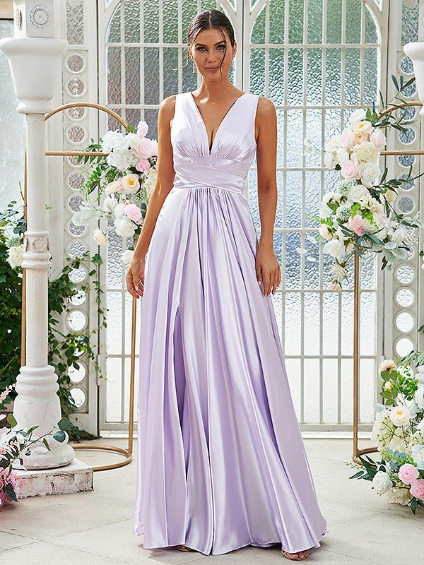 NumberSea - A - Line/Princess Silk like Satin Ruffles V - neck Sleeveless Floor - Length Bridesmaid Dresses