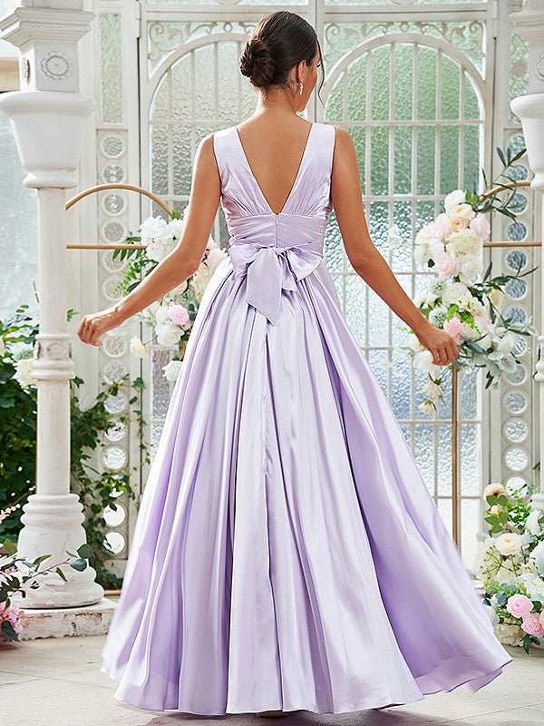 NumberSea - A - Line/Princess Silk like Satin Ruffles V - neck Sleeveless Floor - Length Bridesmaid Dresses