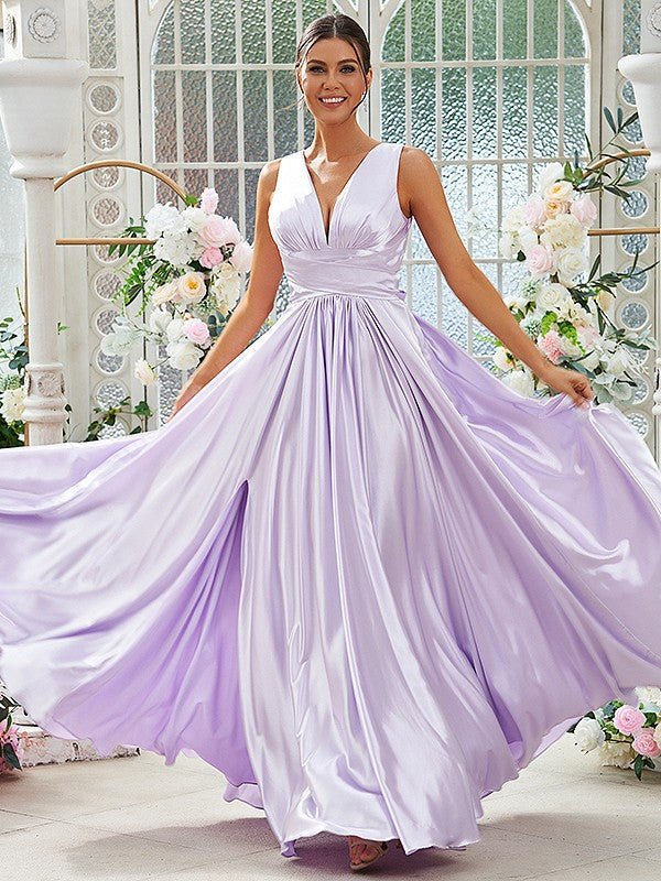 NumberSea - A - Line/Princess Silk like Satin Ruffles V - neck Sleeveless Floor - Length Bridesmaid Dresses