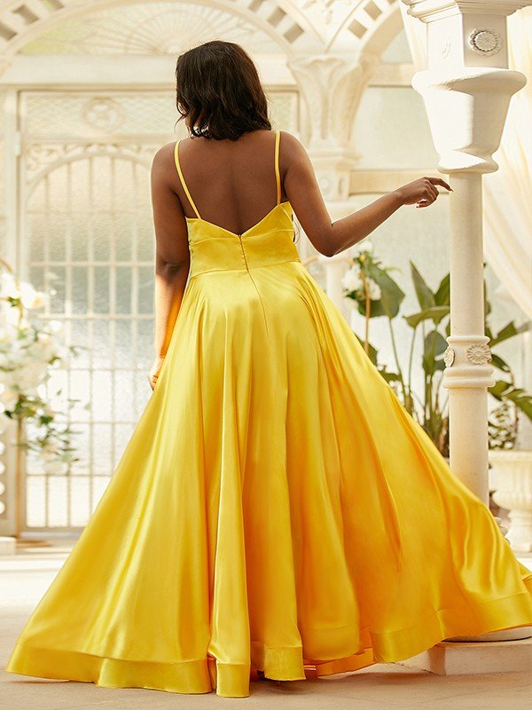 NumberSea - A - Line/Princess Silk like Satin Ruffles V - neck Sleeveless Floor - Length Dresses