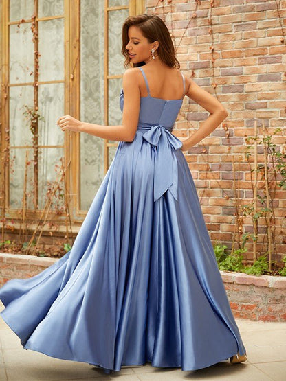 NumberSea - A - Line/Princess Silk Like Satin Ruffles V - neck Sleeveless Floor - Length Dresses