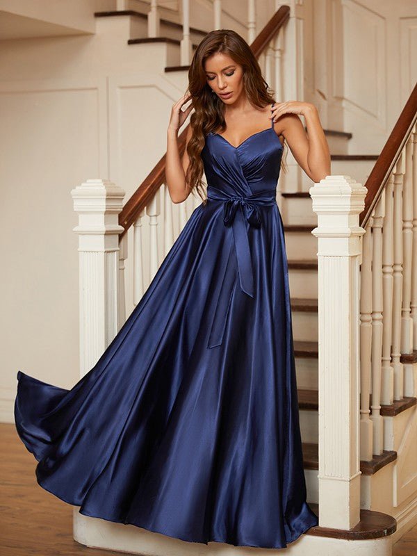 NumberSea - A - Line/Princess Silk like Satin Ruffles V - neck Sleeveless Floor - Length Dresses