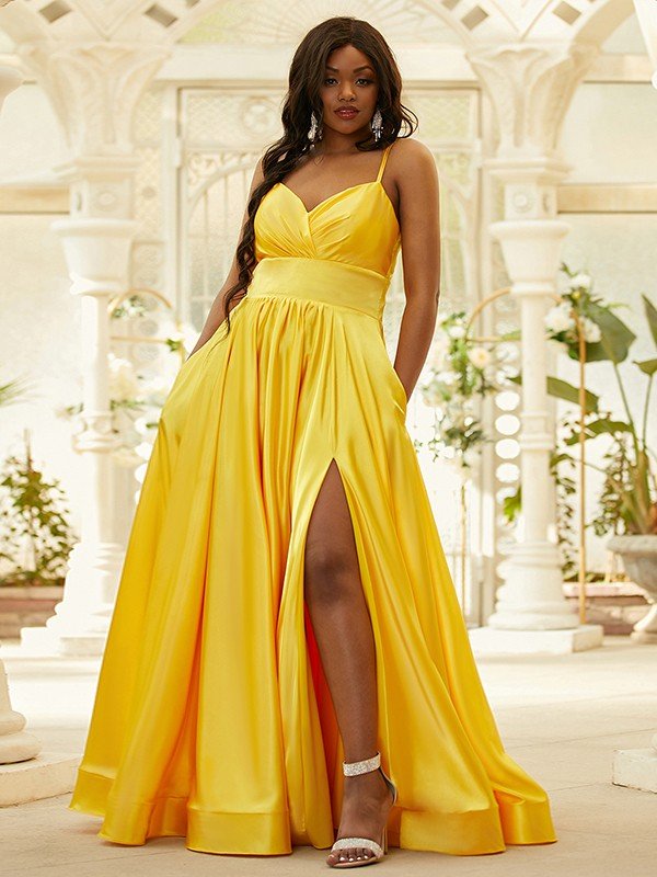 NumberSea - A - Line/Princess Silk like Satin Ruffles V - neck Sleeveless Floor - Length Dresses