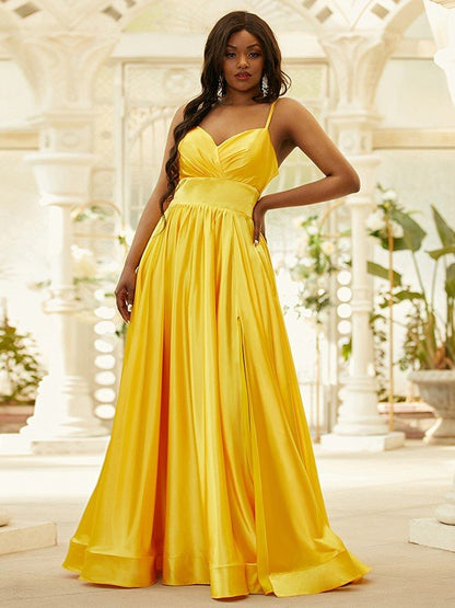 NumberSea - A - Line/Princess Silk like Satin Ruffles V - neck Sleeveless Floor - Length Dresses