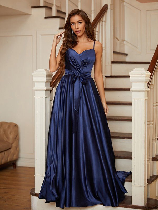 NumberSea - A - Line/Princess Silk like Satin Ruffles V - neck Sleeveless Floor - Length Dresses