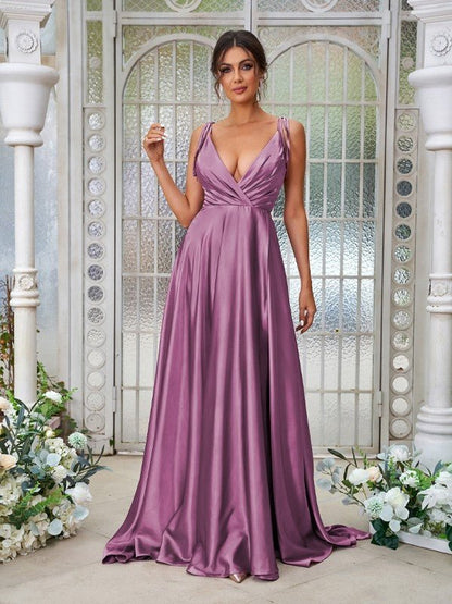 NumberSea - A - Line/Princess Silk like Satin Ruffles V - neck Sleeveless Sweep/Brush Train Bridesmaid Dresses