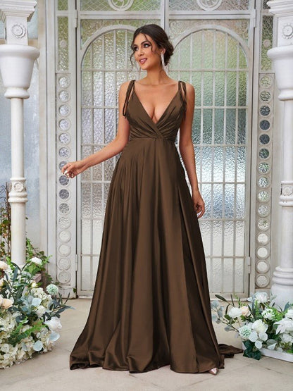 NumberSea - A - Line/Princess Silk like Satin Ruffles V - neck Sleeveless Sweep/Brush Train Bridesmaid Dresses