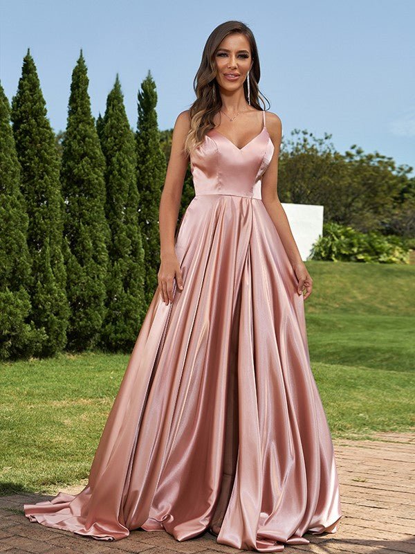 NumberSea - A - Line/Princess Silk like Satin Ruffles V - Neck Sleeveless Sweep/Brush Train Bridesmaid Dresses