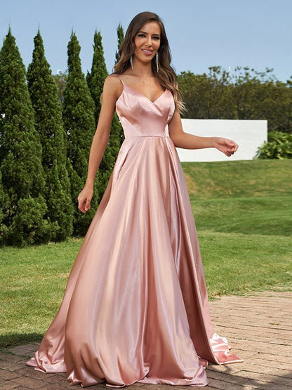 NumberSea - A - Line/Princess Silk like Satin Ruffles V - Neck Sleeveless Sweep/Brush Train Bridesmaid Dresses