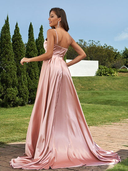 NumberSea - A - Line/Princess Silk like Satin Ruffles V - Neck Sleeveless Sweep/Brush Train Bridesmaid Dresses